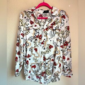 Milk & Honey Abstract Heart and Animal Print Button Down Pocketed Blouse M